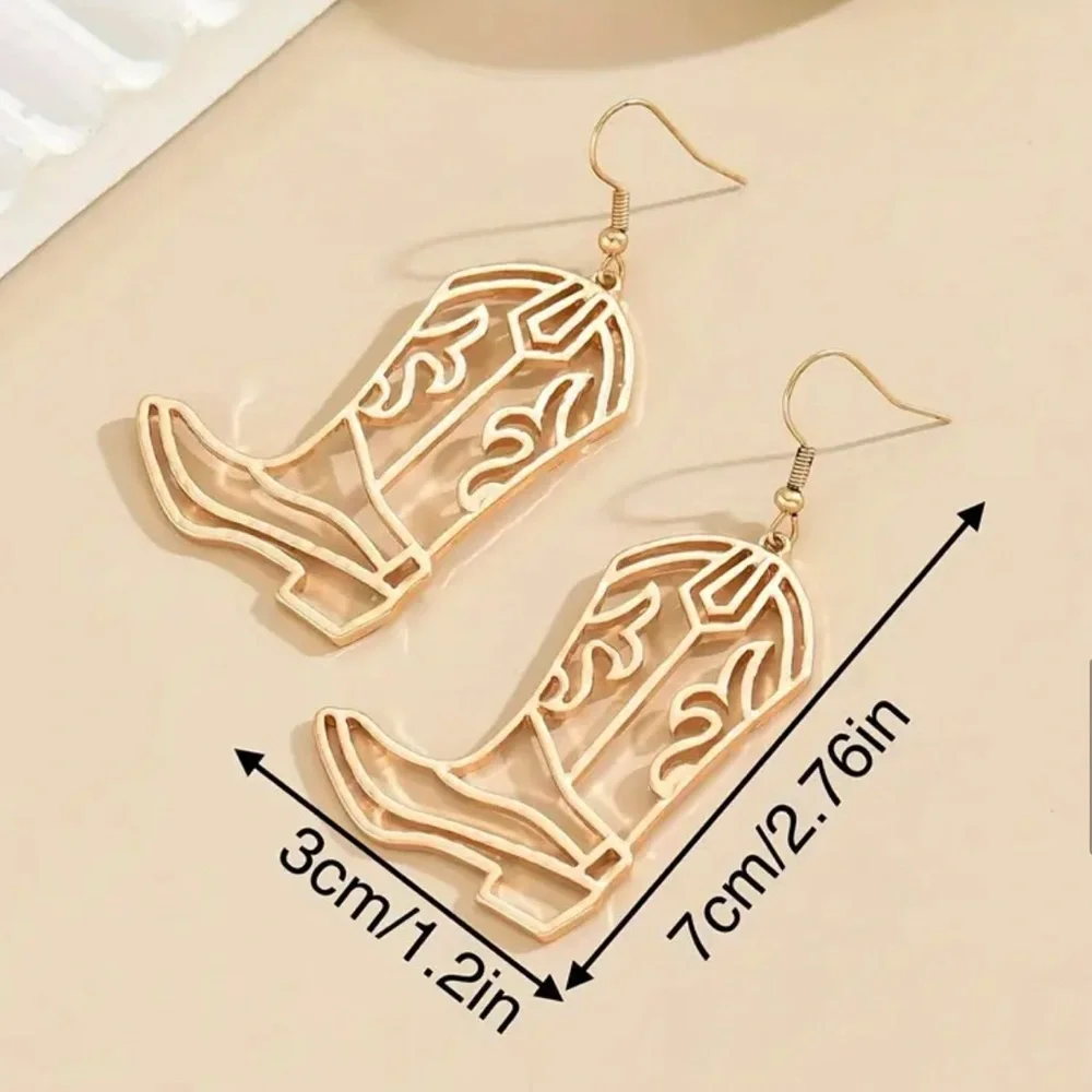 NEW| Golden Hollow Western Cowgirl Boots Design Dangle Earrings - Picture 5 of 5